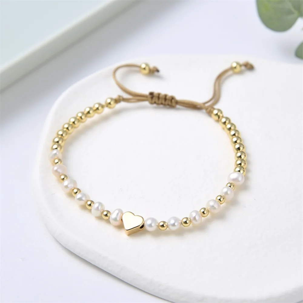 KKBEAD Natural Freshwater Pearl Bracelet For Woman Fashion Heart Charm Pulseras Gift Gold Color Beads Jewelry