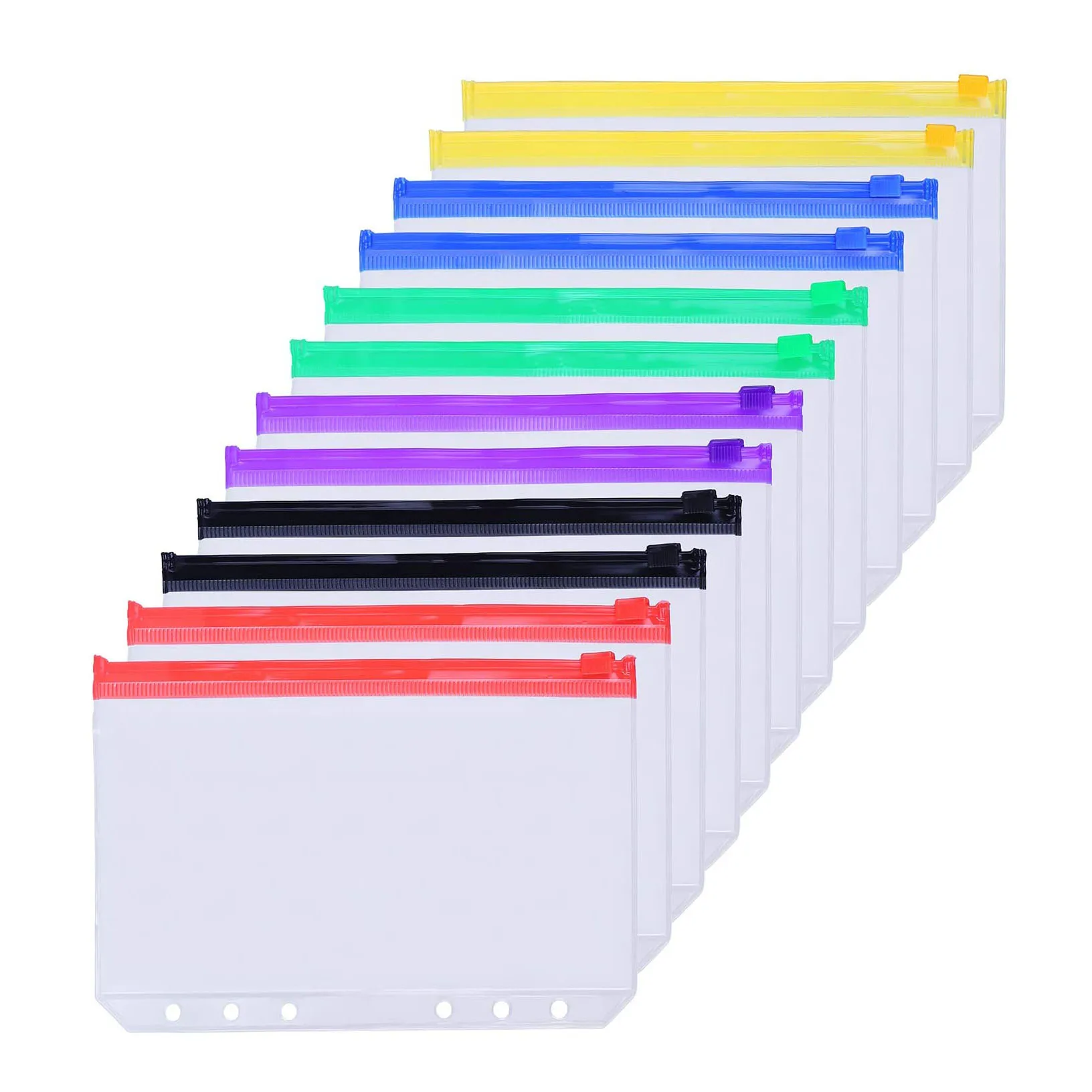 12Pcs/Set A6 Binder Zipper Pouch Loose Leaf 6 Hole PVC Folder for 6-Ring Journal Budget Filing Pockets Waterproof Envelopes