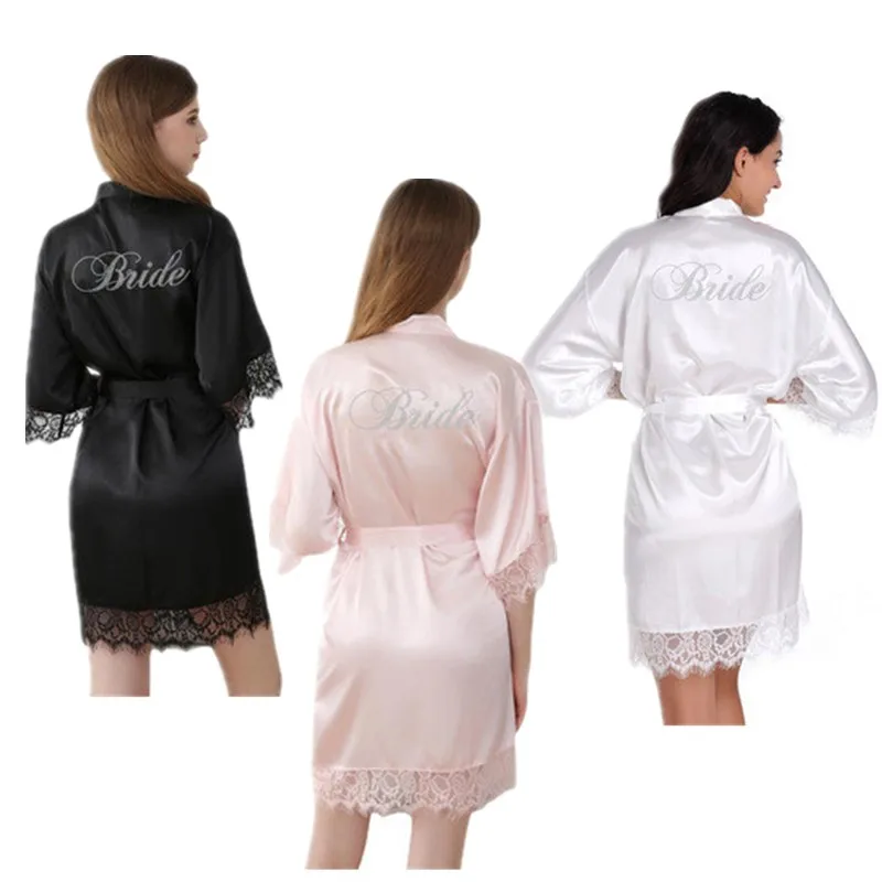 Wholesale Wedding Bride Rhinestone Robe Dressing Gown Sexy Women Bathrobe Nightgown Short Sleepwear Casual Kimono Geisha T94