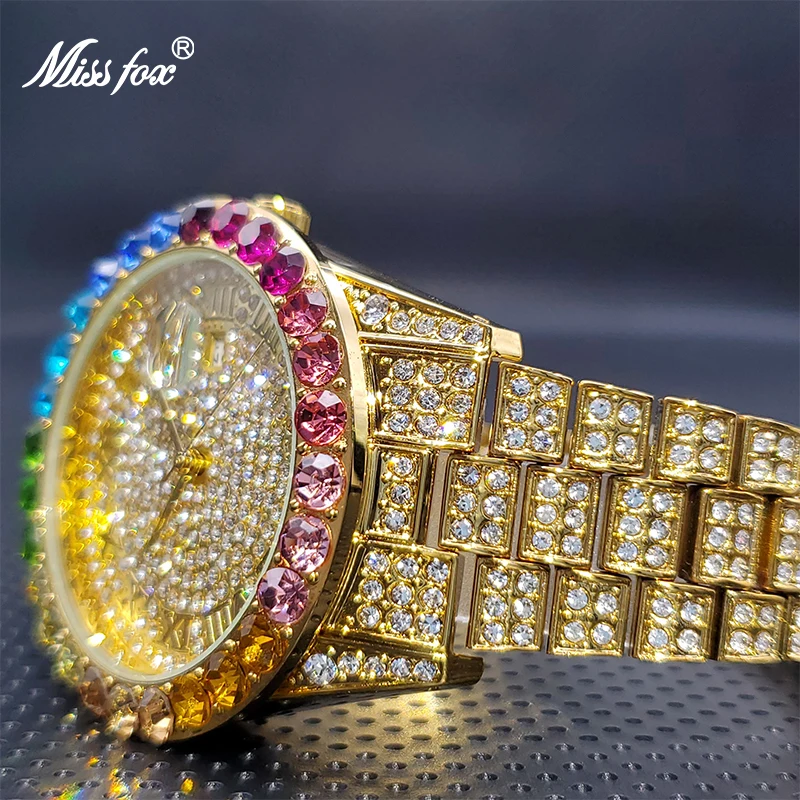 18K Gold RelojHombre MISSFOX Rainbow Bezel Ice Out Diamond Fashion Couple Watch Calendar Waterproof Quartz Watches Droshipping