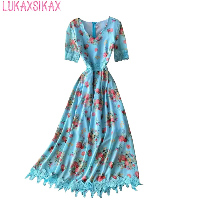 

LUKAXSIKAX New Summer Women V-Neck Short Sleeve Slim Long Dress High Quality Lace Patchwork Sweet Floral Chiffon Dress