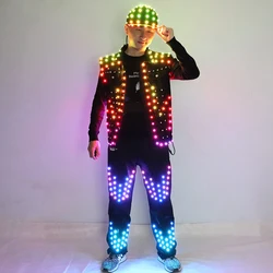 Costume da uomo a colori LED Bar che ospita abbigliamento luminoso cappello pantaloni Tron Suit Melbourne Shuffle danza giacca illuminata