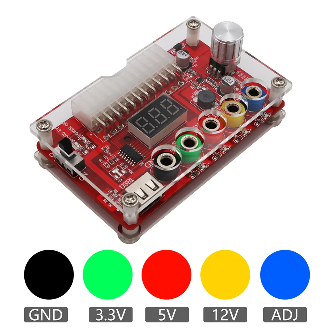 24 Pins ATX Power Supply Breakout Board and Acrylic Case Kit Module Adapter Power Connector Support 3.3V/5V/12V 1.8V-10.8V(ADJ)