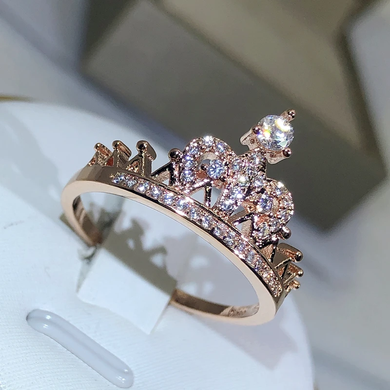 925 Zilveren Prachtige Prinses Kroon Ring Voor Dames Rose Goud Zirkoon Ring Engagement Verjaardag Sieraden Gift