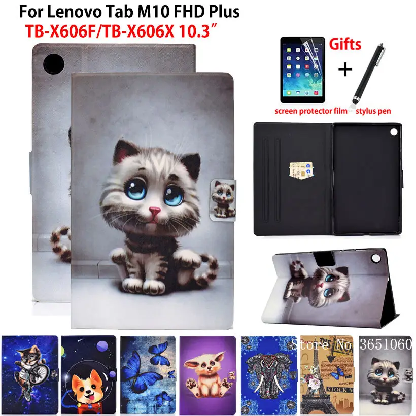 Cute Cat Case For Lenovo Tab M10 FHD Plus Smart Cover Funda 10.3 TB-X606F TB-X606X Capa Silicone PU Leather Stand Shell +Gift