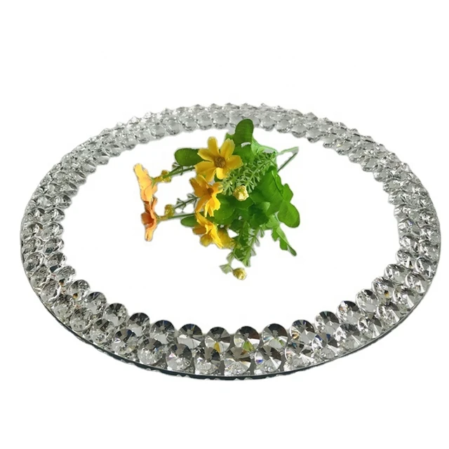 Wholesale wedding event dinnerware type square round silver crystal glass mirror charger plates with crystal beads rim yudao1472