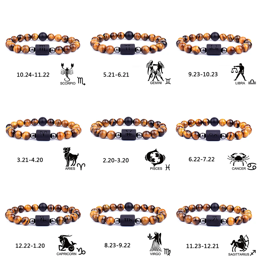 

Tiger Eye Stone 12 Constellation Couple Bracelet Men Leo Aquarius Sagittarius Virgo Libra Bracelets for Women Friendship Jewelry
