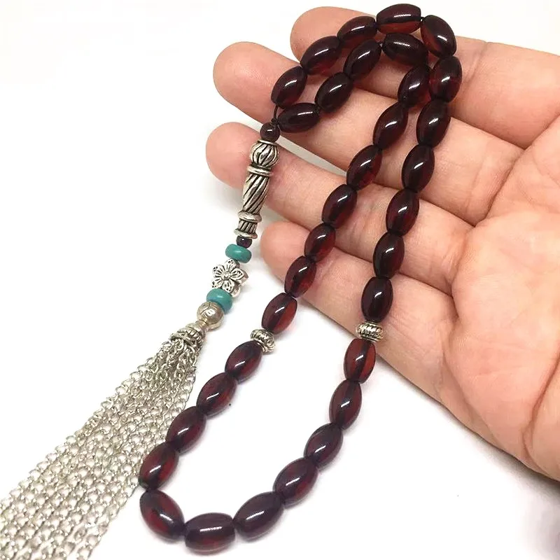 Small Size 33 Natural Blood Amber Stone 6mm*10mm Gem Stone Kehribar Tesbih Islamic Muslim prayer beads Tasbih Allah