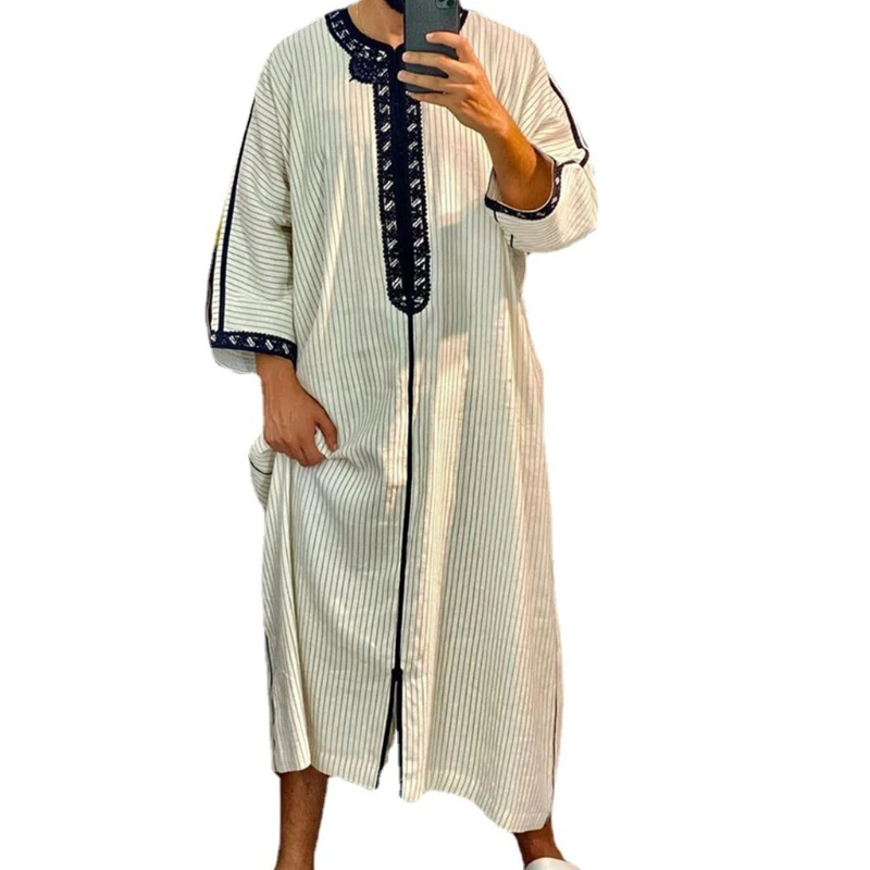 41QC Islamitische Kleding Mannen Gewaad Kaftan Moslim Man Marokkaanse Casual Lange Jurk Arabische Gestreepte Badjas Midden-oosten Nationale Kostuum