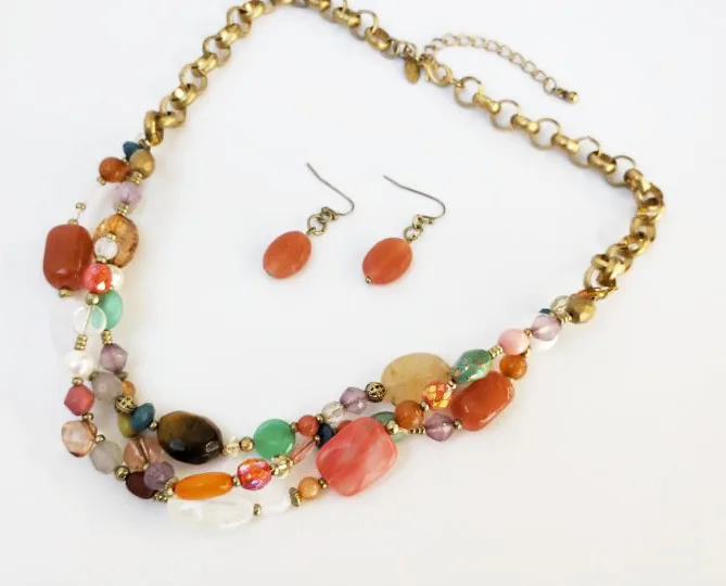 Fashion Jewelry Vintage Colorful Beads Multi Layer Necklace Earrings Set Mixed Style Lady Women's Metal Necklaces Earrings