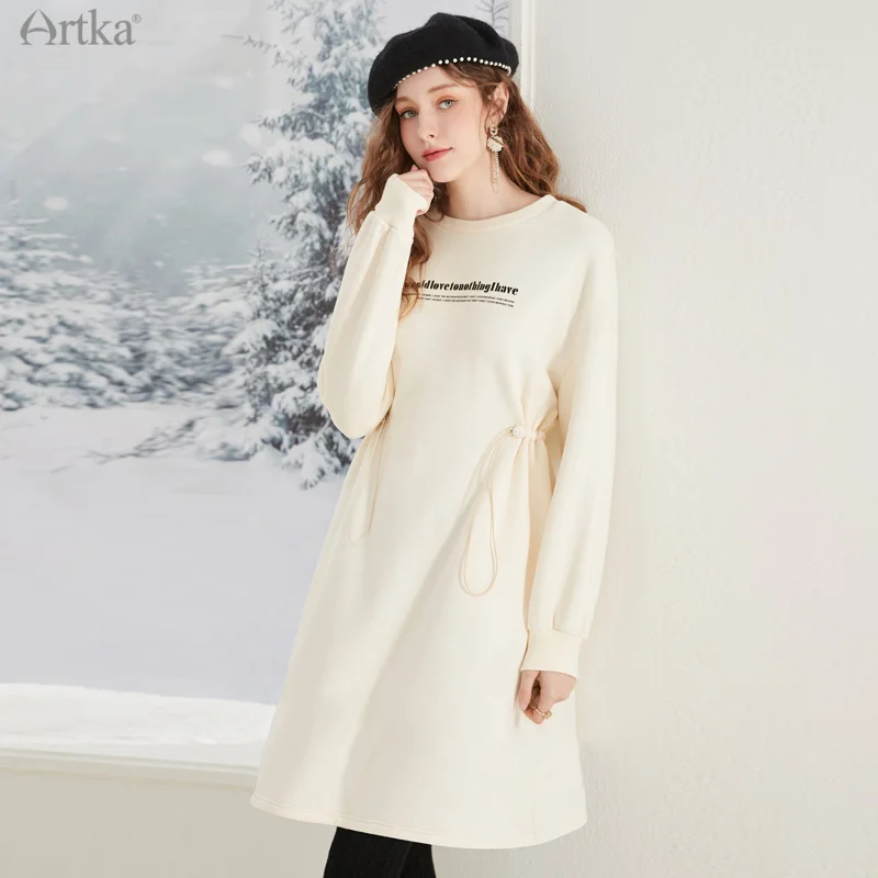 ARTKA 2021 Winter New Fashion Casual Letter Print Sweatshirt Dresses Long Sleeve Plus Velvet Midi White Dress Women ZA20118D