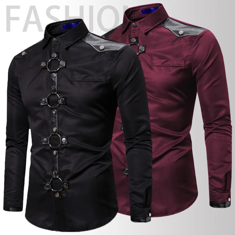 Camisa de carga de Color sólido con remaches de estilo gótico para hombre, ropa ajustada para escenario de fiesta, nuevo