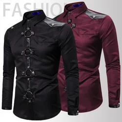 New Men Goth Style Rivet Solid Color Cargo Shirt Slim Fit Party Stage For Men Clothing