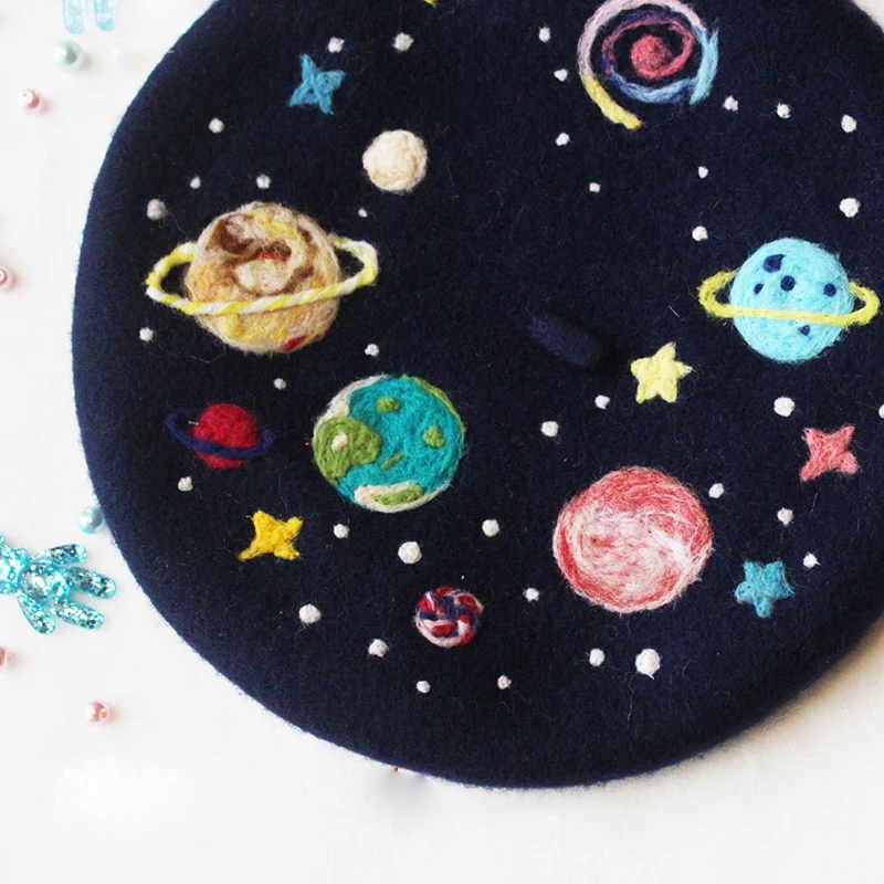 Faramita Holiday Painter Hat Women Kids Girls Boys French Berets Colorful Planet Parents-child Beret Winter Handmade Manual Hats