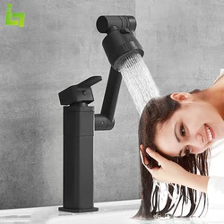 360° Rotating Bathroom Sink Mixer Cold and Hot Black Tap Brass Material Height Can Be Adjusted Multi Function Nozzle