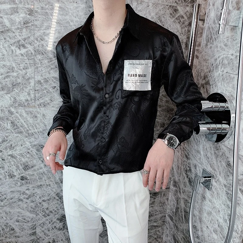 Style Korean Mens Short Slim Vintage Long Sleeve Floral Shirt Pockets Embroidery Turn-Down Collar Single Breasted Blouse