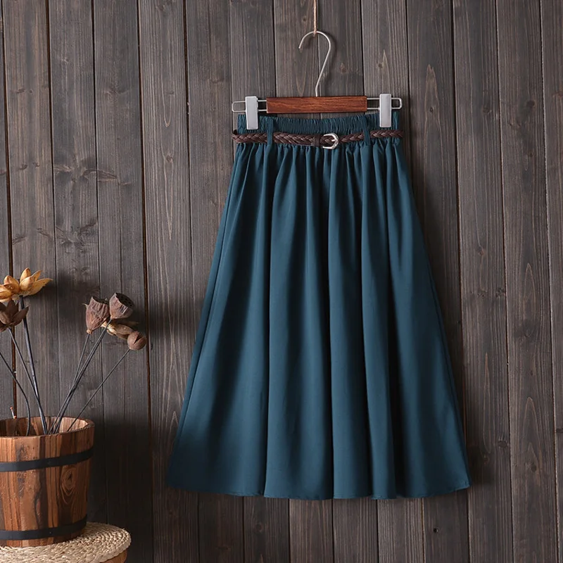 Korean Women With Belt Pleated Skirt Fashion Midi Knee Length Summer Skirt Ladies High Waist A-line School Skirt Female