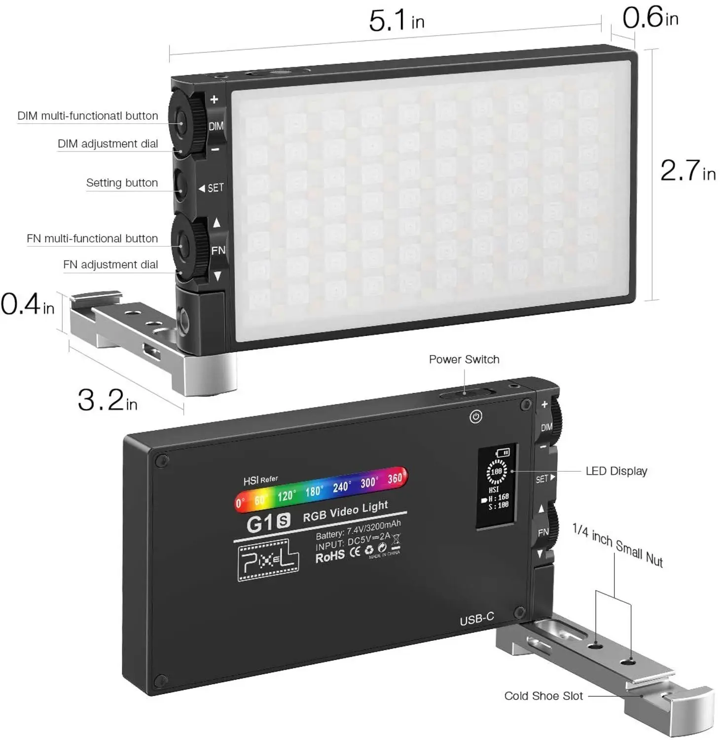 مصباح فيديو G1s RGB مطور، مصباح كاميرا Led مدمج قابل لإعادة الشحن، 360 درجة °   ألوان كاملة قابلة للتعتيم 2500K-8500K لـ YouTube D
