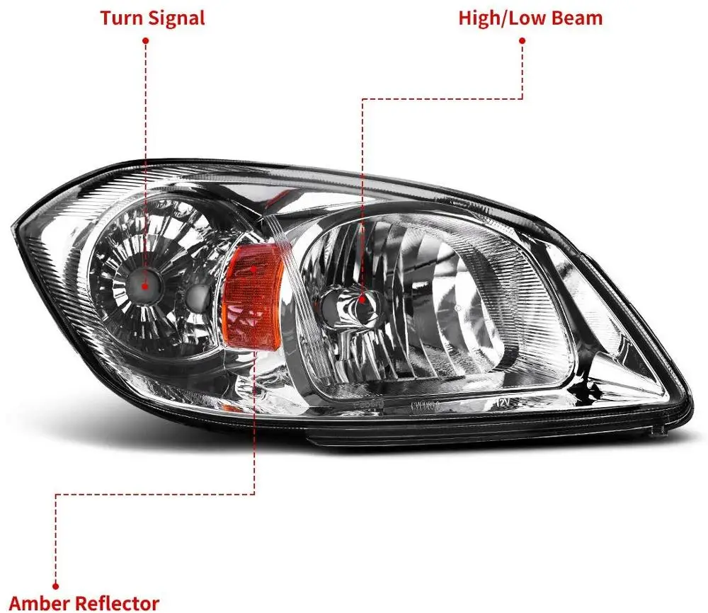 For 05-10 Chevy Cobalt/05-06 Pursuit/07-09 Pontiac G5 Headlight Aseembly Chrome Housing Amber Reflector, Driver and Passenger