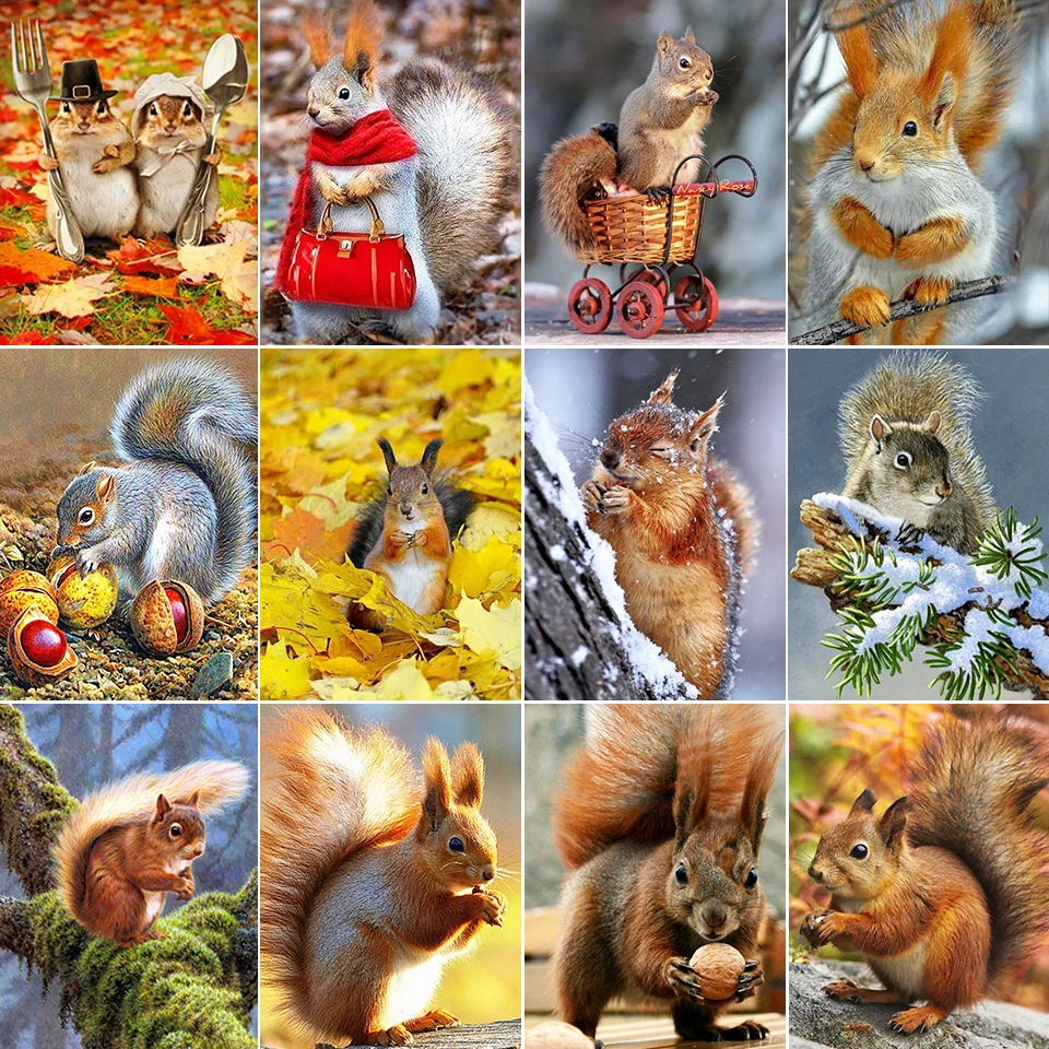 5D DIY Diamond Painting Scenery Autumn Fallen Leaves Animal Squirrel Cross Stitch Kits Full Drill Embroidery Mosaic Art Picture