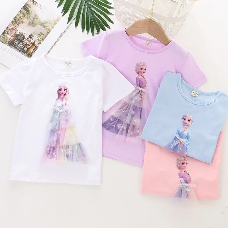 Disney Anime Frozen Summer Girls T Shirt Kawaii Elsa Princess T Shirt Cartoon Fashion Short Top Children Girl Birthday Gifts