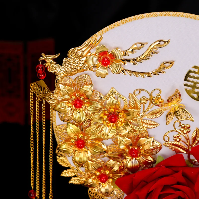 NiuShuya  New Fashion Wedding Red Rose Flower Bouquet Fan Handmade Chinese Bridal Jewelry Hand Round Fans