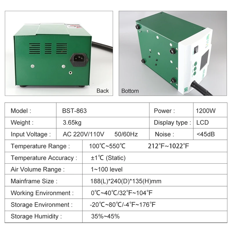 Heat Gun Desoldering Station BST-863 Lead-Free Hot Air Gun LCD Touch Screen Constant Temperature SMD Rework Station Welding Tool