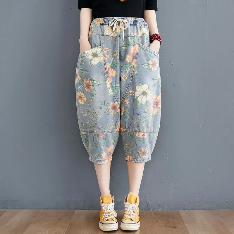 Women Summer Loose Casual Jeans New 2021 Fashion Streetwear Vintage Floral Print Female High Waist Calf-length Pants S3698