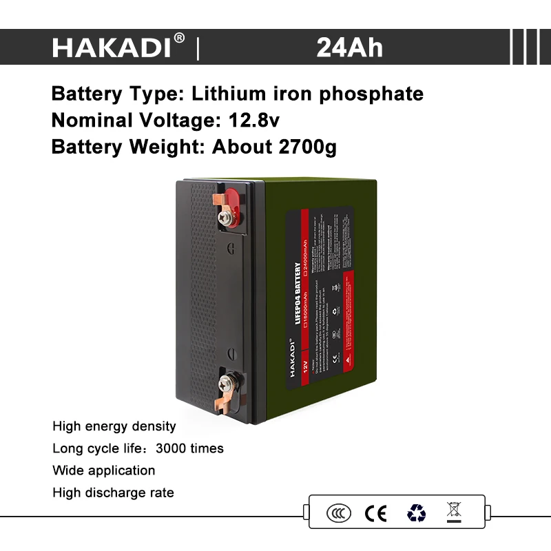 HAKADI-Bateria LiFePO4 Recarregável, 12V, 24Ah, 14.6V 4A Carregador, Longo Ciclo de Vida, Pesca, Equipamento de Emergência