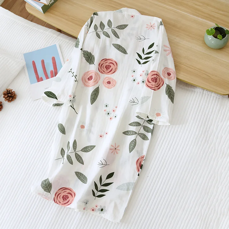 Japanese kimono night gown ladies spring and summer bathrobe women\'s 100% cotton tether nightdress elegant flowers home service