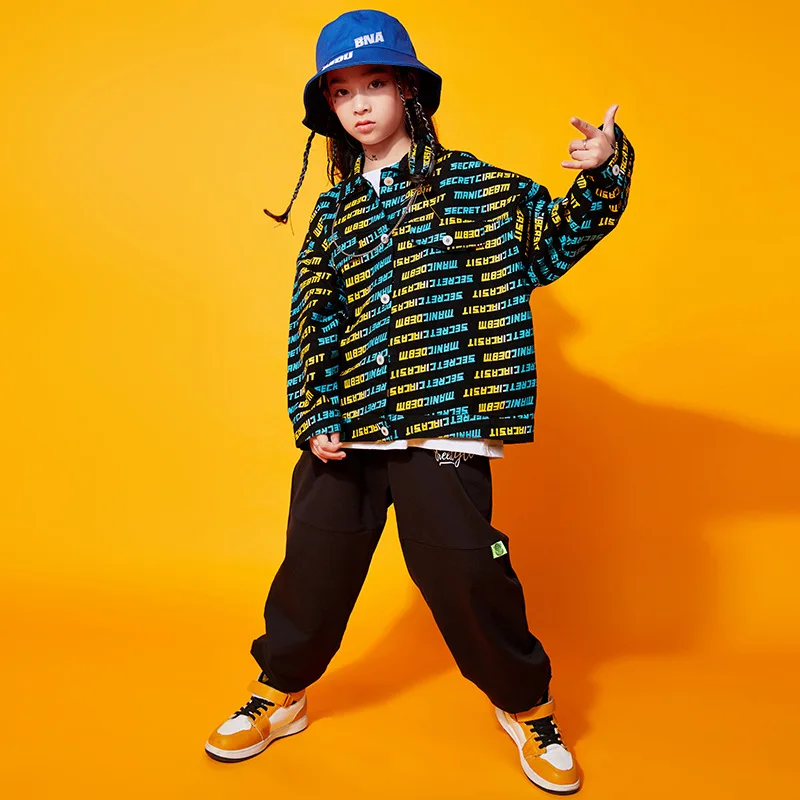 Vêtements Hip Hop pour enfants, veste avec lettres imprimées, manteau supérieur, t-shirt surdimensionné, pantalon Streetwear pour filles et garçons, Costume de Jazz et de danse