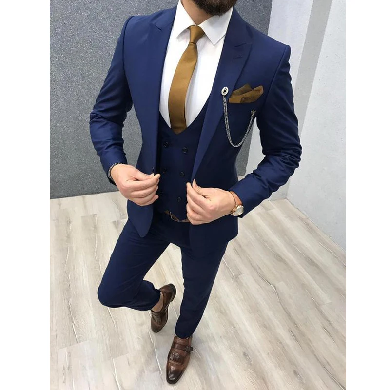 2022 drei Stück Royal Blue Männer Anzüge Erreichte Revers Nach Maß Hochzeit Smoking Slim Fit Männlichen Anzüge (Jacke + hosen + Weste + Krawatte)