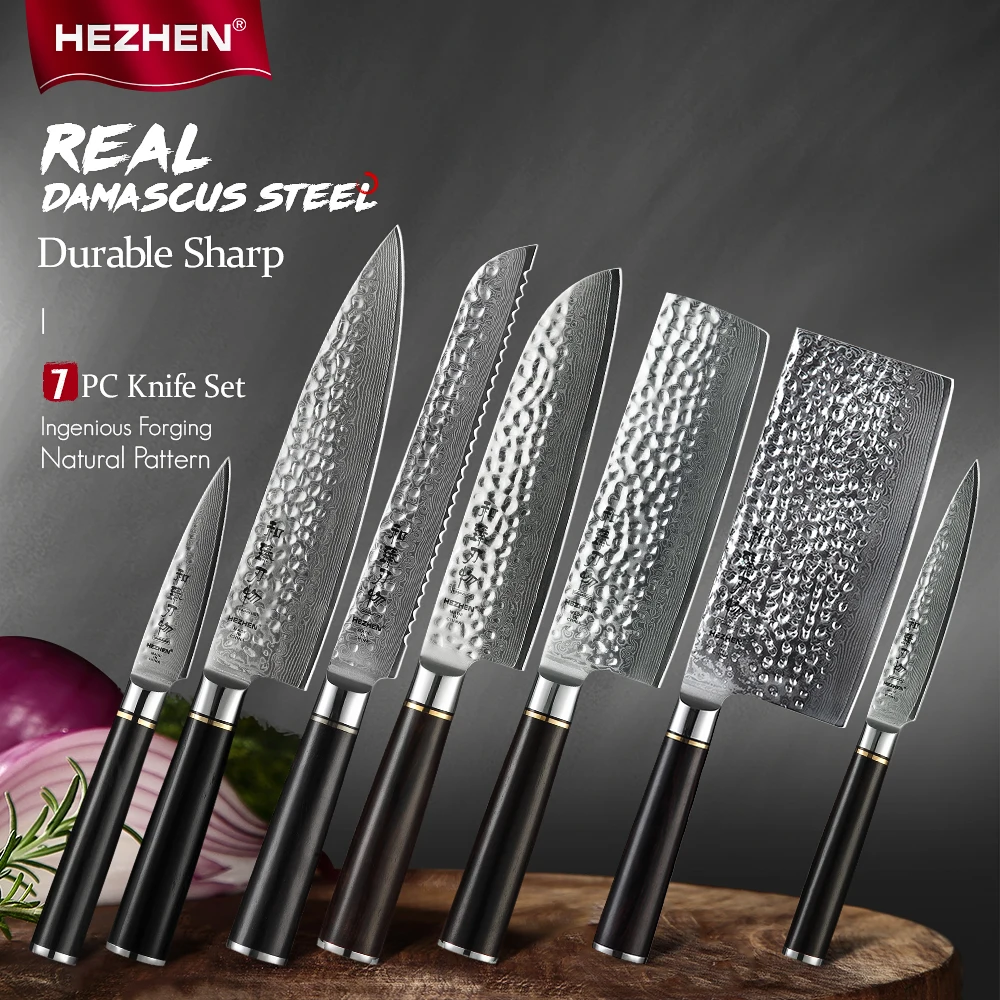 

HEZHEN 7PCS Knife Set Damascus Steel Chef Slicing Utility Paring Knife Japanese Sharp Cutter Kitchen Tool Cook knives