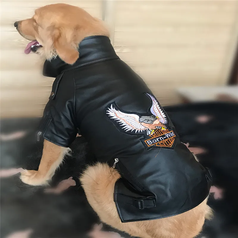 Waterproof Big Large Dog PU Leather Jacket Soft Pet Coat Eagle Trim Autumn Winter Overcoat Sport Outerwear Clothing For Huge Dog