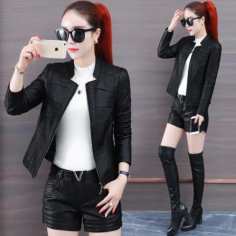 

PU Leather Jacket New Spring Autumn Women Casual Zipper Biker Jackets Female Short Slim Motorcycle Faux Leather Outwear 3XL