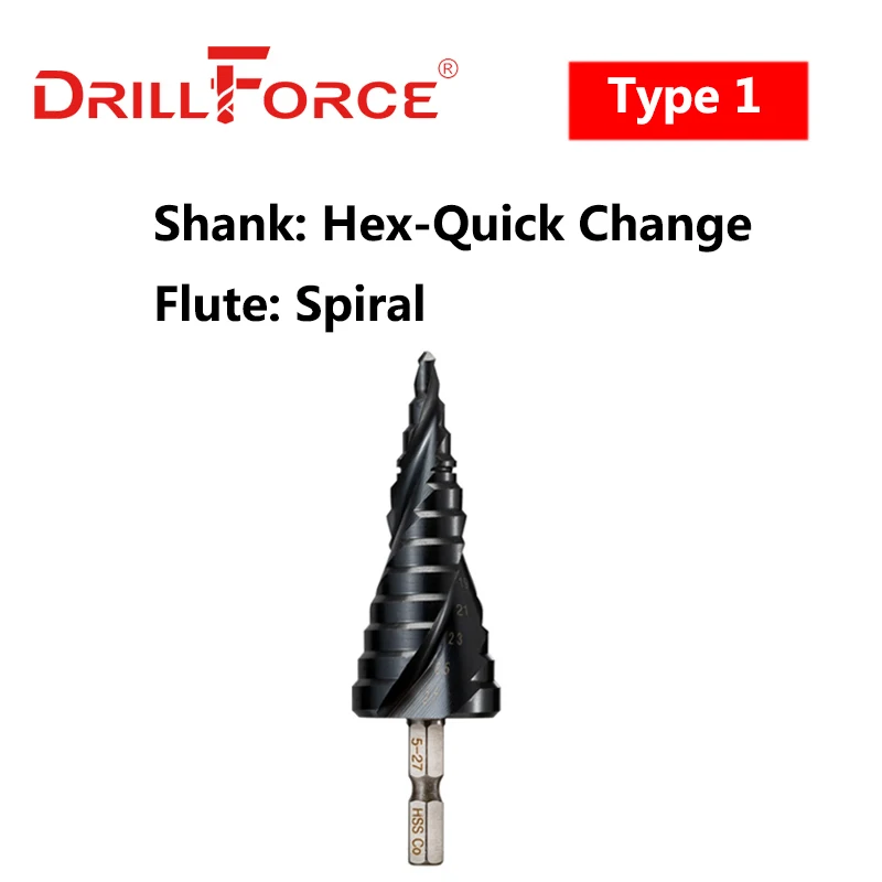 Drillforce Cobalt Step Drill Bits HSSCO M35 TiAIN Spiral Straight Grooved Hex Quick Change Shank Stainless Steel Hole Cutter