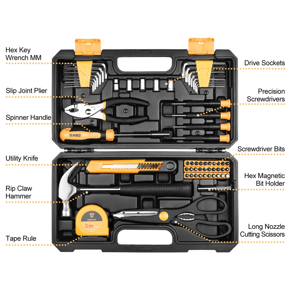 DEKO 62 Pcs Professional Car Repair Tool Set Auto Ratchet Spanner Screwdriver Socket Mechanics Tools Kit W/ Blow-Molding Box