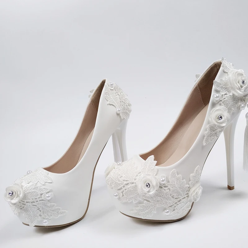 BaoYaFang Super Tacco Alto Fiore Bianco scarpe Da Sposa scarpe Da Sposa Delle Signore di alta piattaforma scarpe Moda donna Punta Rotonda Nappa