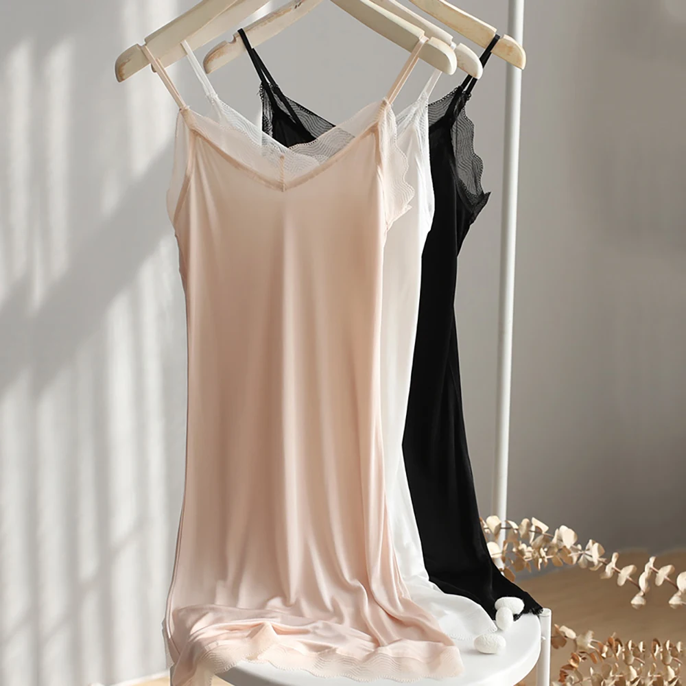 Full Slip For Women Under Dress 23% Silk Sexy Lace Lingerie Sleepwear Chemise Nightgown Spaghetti Strap Cami Undergarment