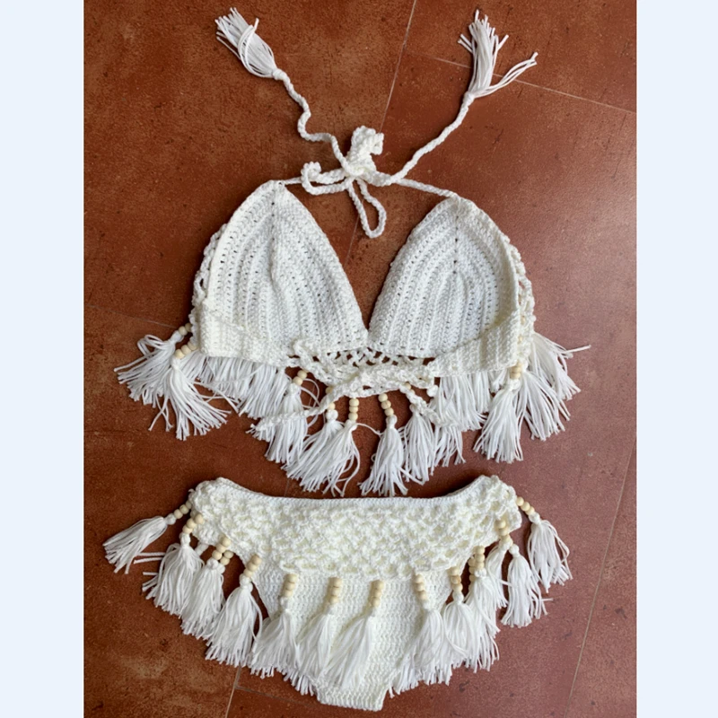 Kobiety ręcznie szydełkowane Bikini Set Sexy Knitting stroje kąpielowe Halterneck Tassel strój kąpielowy