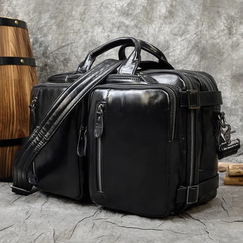 Luufan skórzana teczka męska 14 "czarna torebka biznesowa na laptopa prawdziwa skórzana torba Retro aktówka Crossbody dla mężczyzn