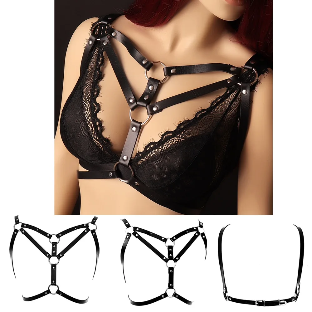 

Punk Gothic Tops Bra Sexy Bondage Bra Lingerie Fetish PU Leather Harness Women Garter Belt Straps Body Festival Rave Costume