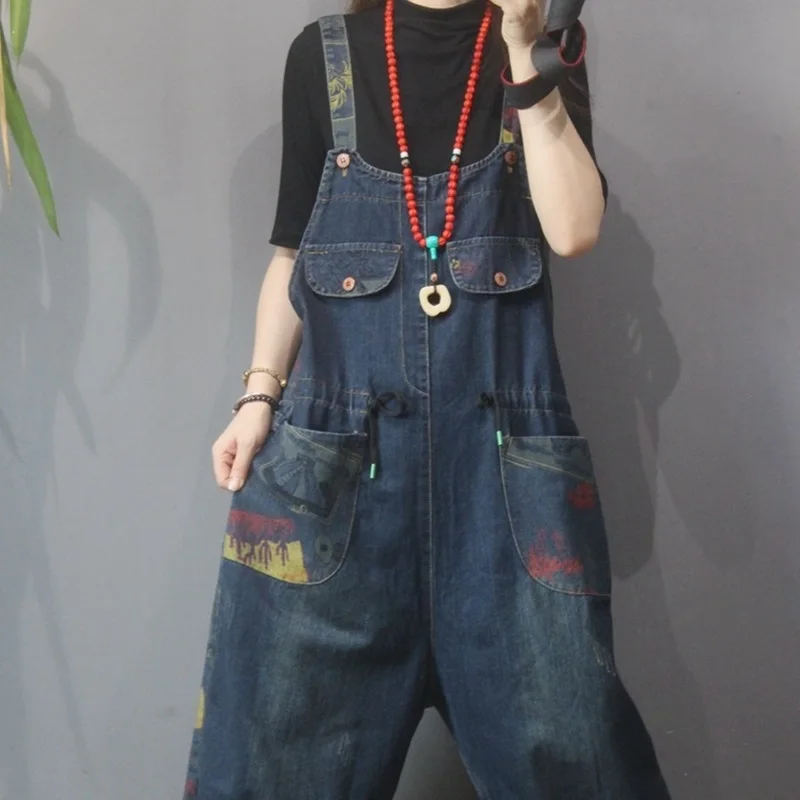 Women Plus Size Denim Jumpsuit 2021 Casual Straps Rompers Wide Leg Trousers Ankle Length Pants Printed Overalls Jeans 11978