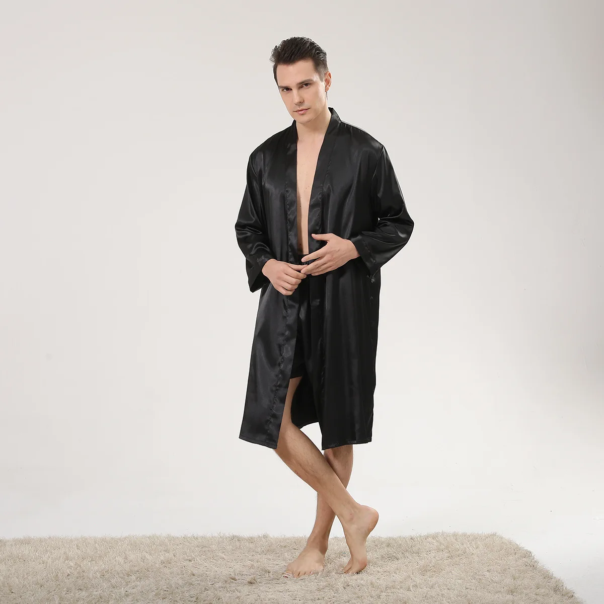 Masculino verão nova manga longa robe terno cetim de seda homewear masculino solto casual roupão e shorts sleepwear nighhtwear