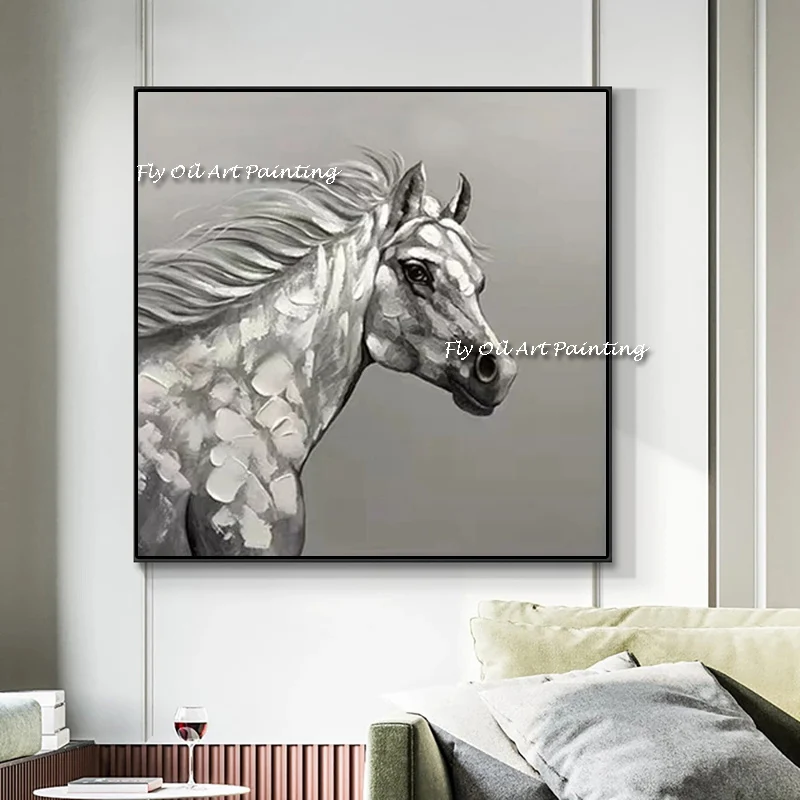 

The High Quality 100% Handmade White Horse Oil Painting Posters Wall Pictures for Home Decoration Animal Graph Thanksgiving Gift