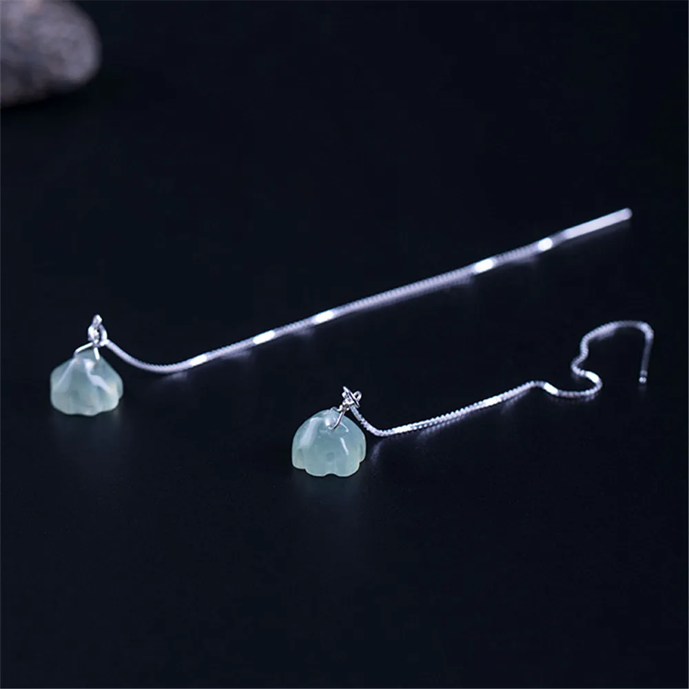 Natural Jade Lotus Drop Earring Real 925 Sterling Silver Dangle Hook Earring Jewerly For Women Vintage Fine Jewelry Dropshipping