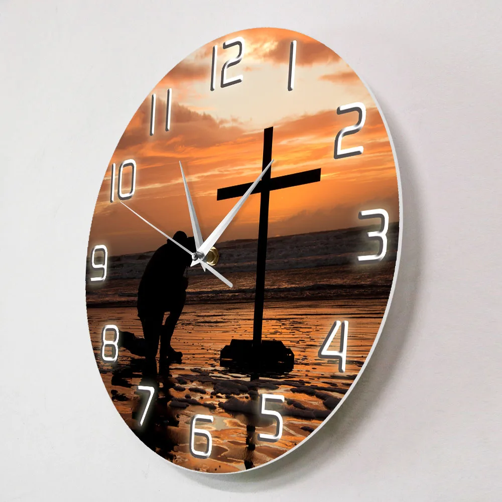 Godly Man Kneeling Pray At Cross Religious Wall Clock Pastor Precher Spiritual Faith Home Decor Prayer Silent Swept Wall Watch