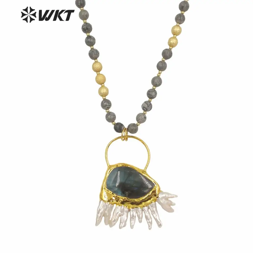 WT-N1242 WKT 30 inch long 8mm round picture stone statement pendant necklace fashion women long pearl with labradorite necklace