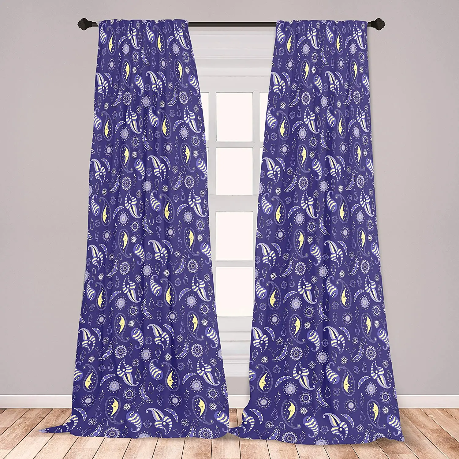 Moon Curtains Abstract Floral with Stars and Sleeping Moons Nocturnal Oriental Window Treatments for Living Room Bedroom Decor