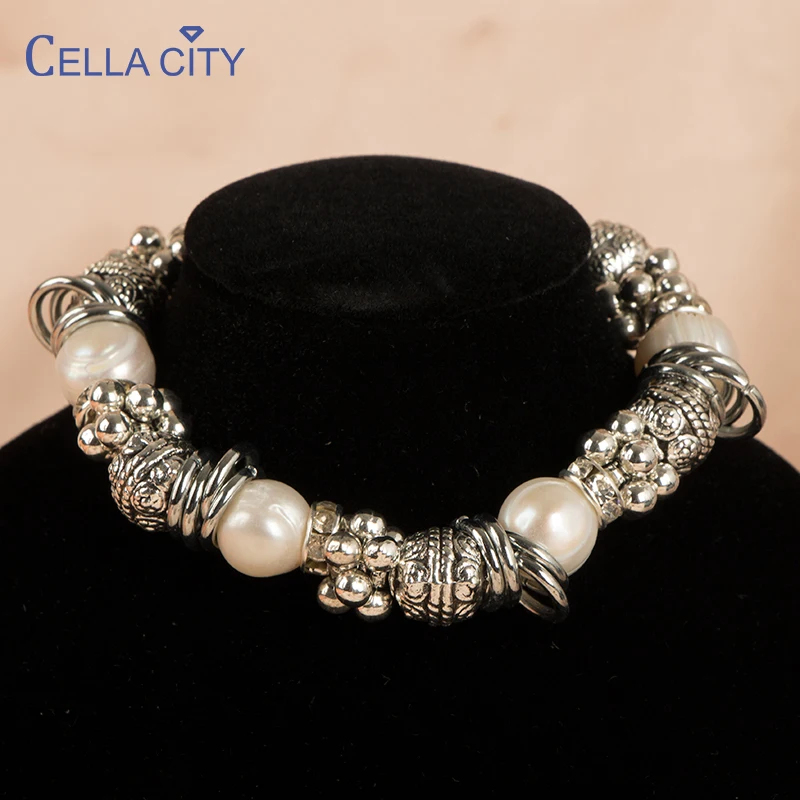 Cellacity  Silver 925 Bracelet for Women With Natural Freshwater Pearl Metal punk style Party Female Silver fine Jewelry Gift